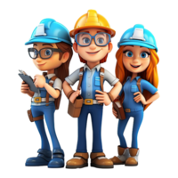 3D cartoon engineer team. Group of engineer on transparent background. png