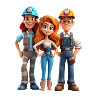 3D cartoon engineer team. Group of engineer on transparent background. png