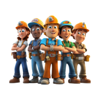 3D cartoon engineer team. Group of engineer on transparent background. png