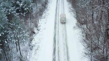 Antenne Aussicht von ein Auto Fahrten auf ein Straße umgeben durch Winter Wald im Schneefall video