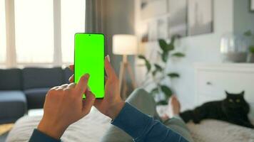 Woman at home lying on a bed with black cat and using smartphone with green mock-up screen in vertical mode video