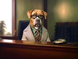 Per dog working in office. Concept of officer, chairman, chief or boss. image photo
