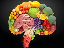 cerebro conformado arreglo de frutas y vegetales. nutrición para cerebro salud.ai generado foto