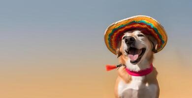 Adorable dog with mexican sombrero hat. Cinco De Mayo fashion. photo