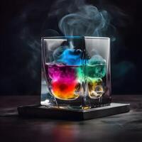 Colorful ice cubes in whisky glass. Cooling feeling. AI GENERATED photo