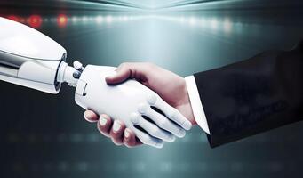 Robot and businessman in handshake. Concept of human robot relationships. image. photo