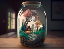 Small house, plants and trees in glass container. Woods miniature. photo