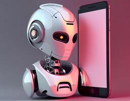 Robot beside the screen of smartphone. Concept of chatbot with artificial intelligence. Head and shoulder portrait of adorable rabbit with eyeglasses, photo