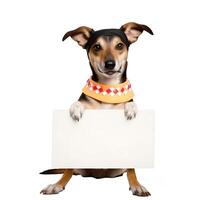 Adorable pet dog with Cinco De Mayo day fashion holding rectangular blank frame. photo