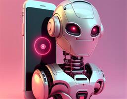 Robot beside the screen of smartphone. Concept of chatbot with artificial intelligence. Head and shoulder portrait of adorable rabbit with eyeglasses, photo