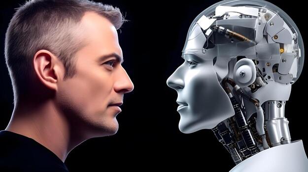 Man and AI robot look at each other. Concept of human and robot war in future. photo