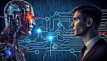 Man and AI robot look at each other. Concept of human and robot war in future. photo