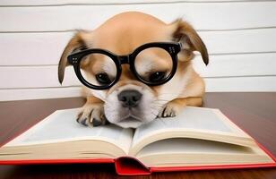 linda perrito con libro acerca de hora de acostarse historias.ai generado foto