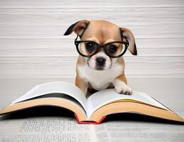 Cute puppy with book about bedtime stories. photo