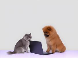 Adorable cat and dog with laptop. Concept of hardworking pets. image. photo