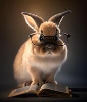 Cute rabbit with eyeglasses and book about bedtime stories. photo