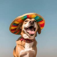 Adorable dog with mexican sombrero hat. Cinco De Mayo fashion. photo