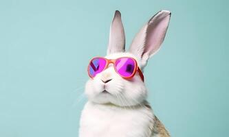 Head and shoulder portrait of adorable rabbit with eyeglasses photo