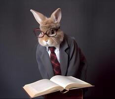 Human like rabbit with suit coat and book. photo