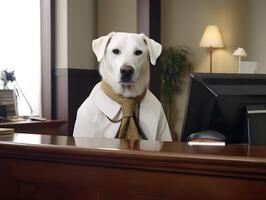 Per dog working in office. Concept of officer, chairman, chief or boss. image photo