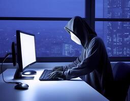 Modernized hacker with hoodie. Concept of dark web, cybercrime, cyberattack. image photo