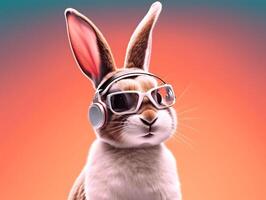 Head and shoulder portrait of adorable rabbit with eyeglasses and earphones photo