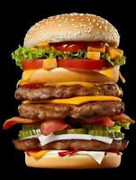 Closeup of extra tall hamburger with delicious ingredients. photo