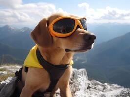 Adorable pet dog with eyeglasses on top of mountain. Adventure trip , photo