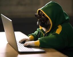 Cute pug dog with hoodie. Concept of hacker, busy pet or work from home. photo