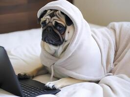 Lazy pet pug dog doing work from home. photo