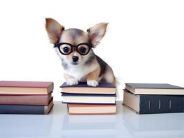 Cute chihuahua puppy with books about bedtime stories. photo