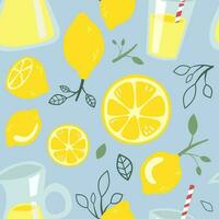 Yellow fresh Lemon with Leaves, slices, a glass of Lemonade Seamless Pattern. Abstract art print. Design for paper, covers, cards, fabrics, interior items and any. Vector illustration about fruit.