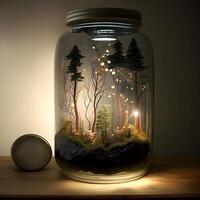 Plants and trees in glass container. Woods miniature. photo