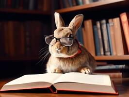 linda Conejo con los anteojos y libro acerca de hora de acostarse cuentos. ai generado foto