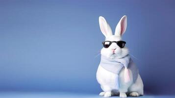 adorable blanco Conejo con los anteojos y de moda vestido. ai generado foto