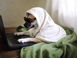 Cute pet dog with hoodie. Concept of hacker, busy pet or work from home. photo