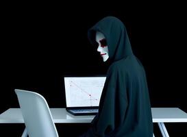 Anonymous hacker with laptop. Concep, t of hacking cybersecurity, cybercrime, cyberattack, etc. photo