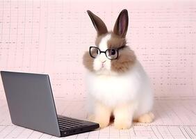 Cute bunny with eyeglasses and laptop. Concept of hardworking pet. photo