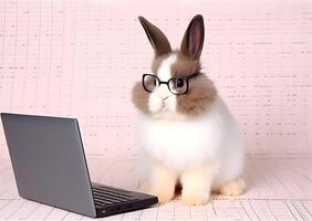 Cute bunny with eyeglasses and laptop. Concept of hardworking pet. photo