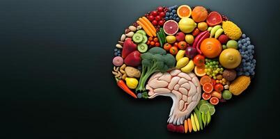 cerebro conformado arreglo de frutas y vegetales. nutrición para cerebro salud.ai generado foto