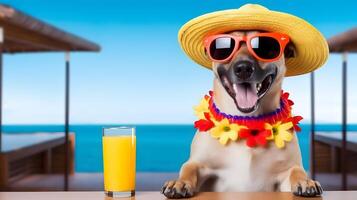 Adorable dog with mexican hat and sunglasses at the beach. Cinco De Mayo. photo