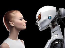 Beautiful woman and AI robot look at each other. Concept of human and robot war in future. photo