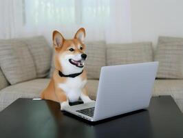 ocupado shiba inu perro con los anteojos. concepto de trabajo duro mascota oficial. ai generado foto