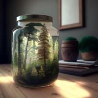 Plants and trees in glass container. Woods miniature. photo