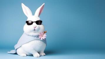 Adorable white rabbit with eyeglasses and fashionable dress. photo