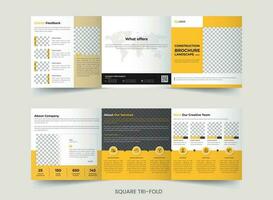 Construction Square Trifold Brochure, Real Estate Company Template Design. vector