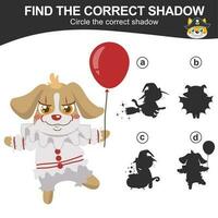 Find the correct shadow. Match the image with the shadow. Worksheet for kid. Educational printable worksheet. Vector illustration.