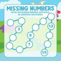 Missing numbers. Write the answer correctly. Educational printable math worksheet. Count and write activity. Counting practice. Vector file.