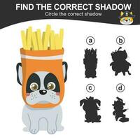 Find the correct shadow. Match the image with the shadow. Worksheet for kid. Educational printable worksheet. Vector illustration.