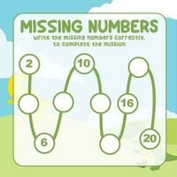 Missing numbers. Write the answer correctly. Educational printable math worksheet. Count and write activity. Counting practice. Vector file.